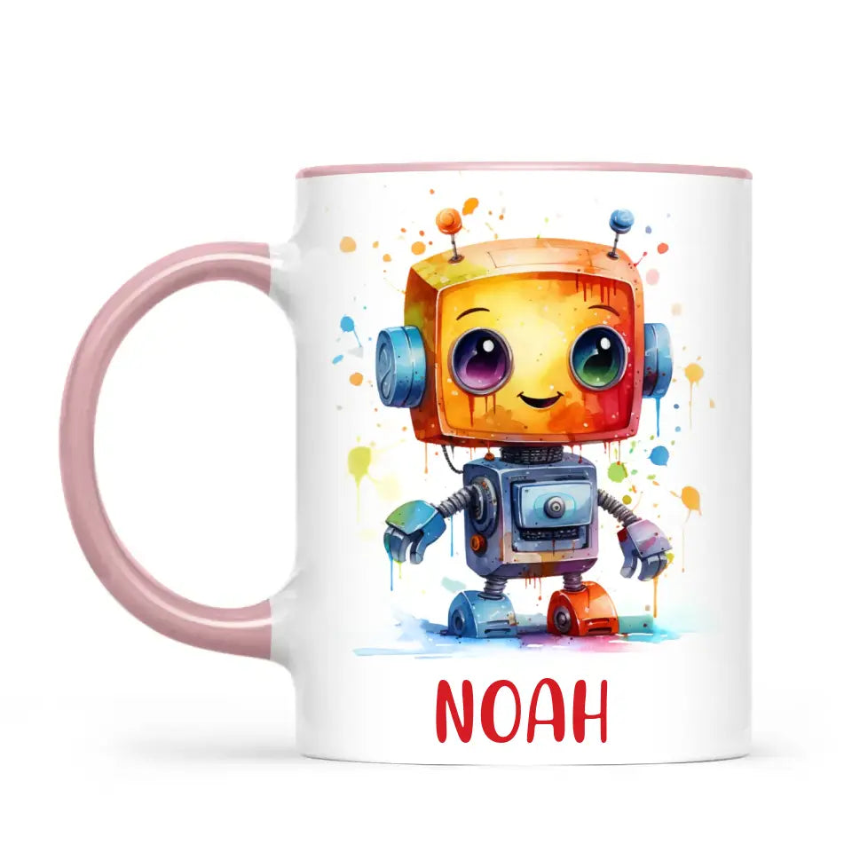Personalised with Name, Colourful Robot Kids Mug – Customised Robot Character Cup for Children – Available in 11oz, 6oz & Enamel Options