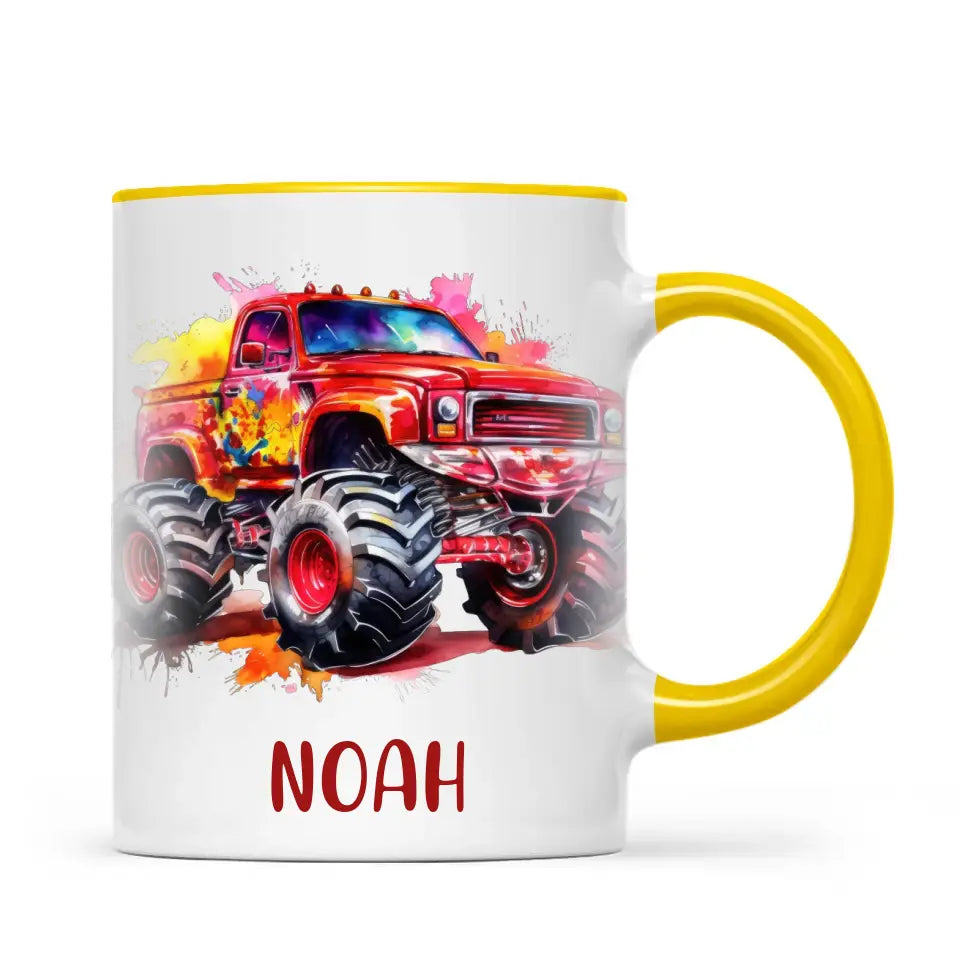 Personalised Red Monster Truck Cup - Custom Name Kids Mug - Off-Road Adventure - 11oz, 6oz or Enamel - NZ Made