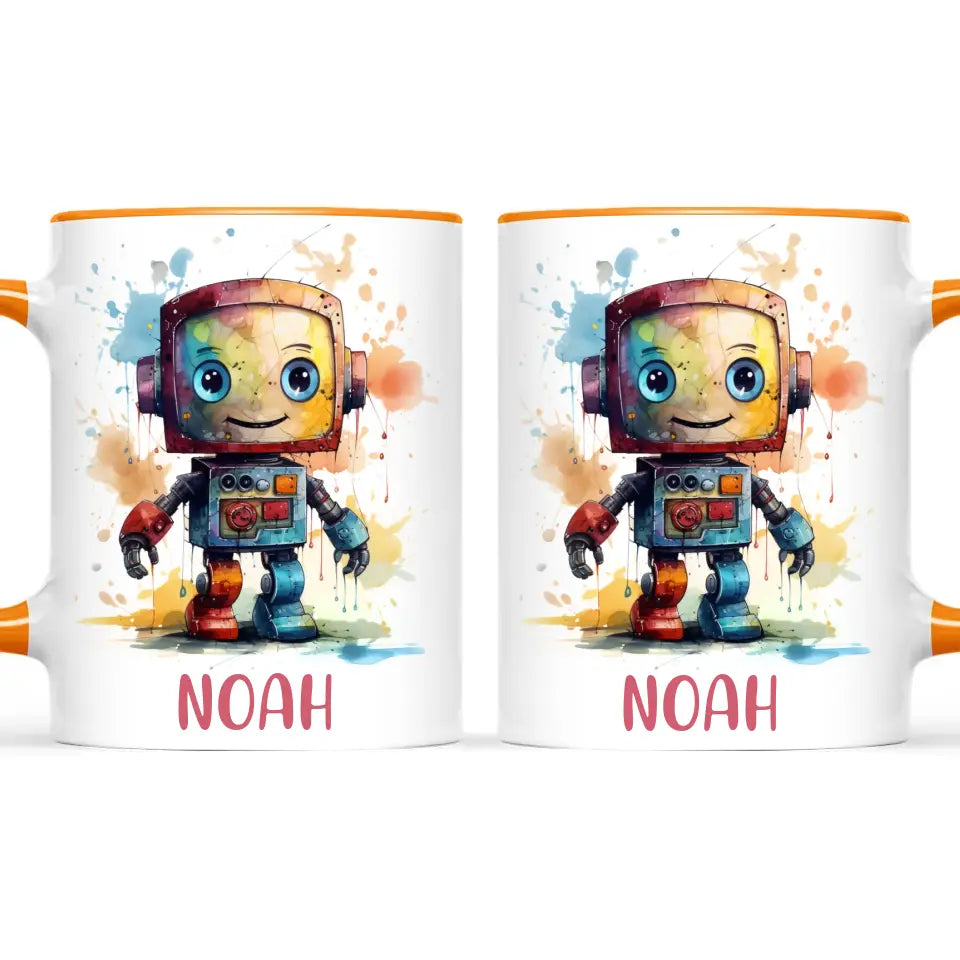 Personalised Robot Cup - Custom Name Kids Mug - Colourful Robot Design - 11oz, 6oz or Enamel - NZ Made