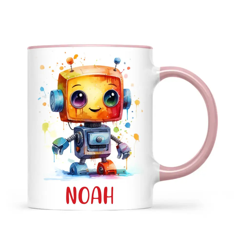 Personalised with Name, Colourful Robot Kids Mug – Customised Robot Character Cup for Children – Available in 11oz, 6oz & Enamel Options