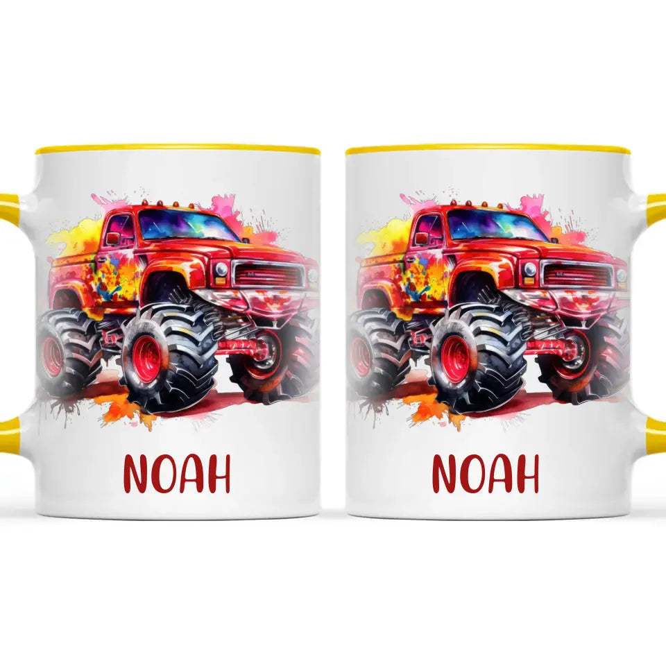 Personalised Red Monster Truck Cup - Custom Name Kids Mug - Off-Road Adventure - 11oz, 6oz or Enamel - NZ Made