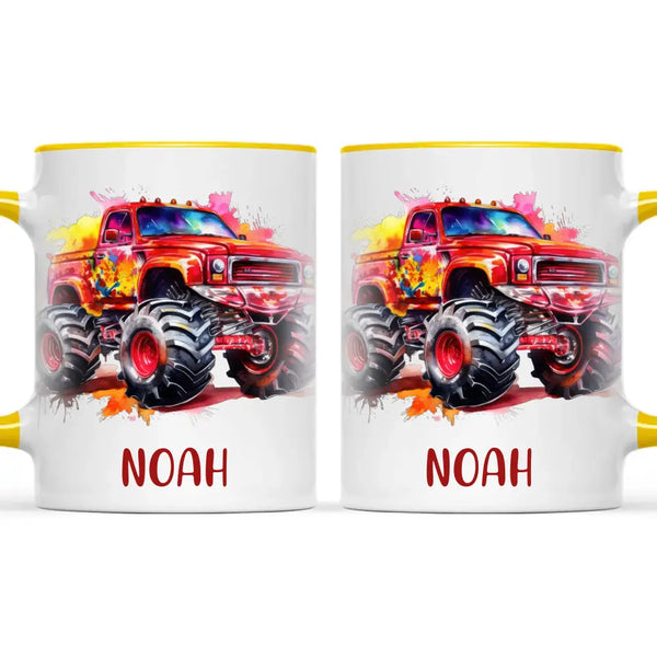 Personalised Red Monster Truck Cup - Custom Name Kids Mug - Off-Road Adventure - 11oz, 6oz or Enamel - NZ Made