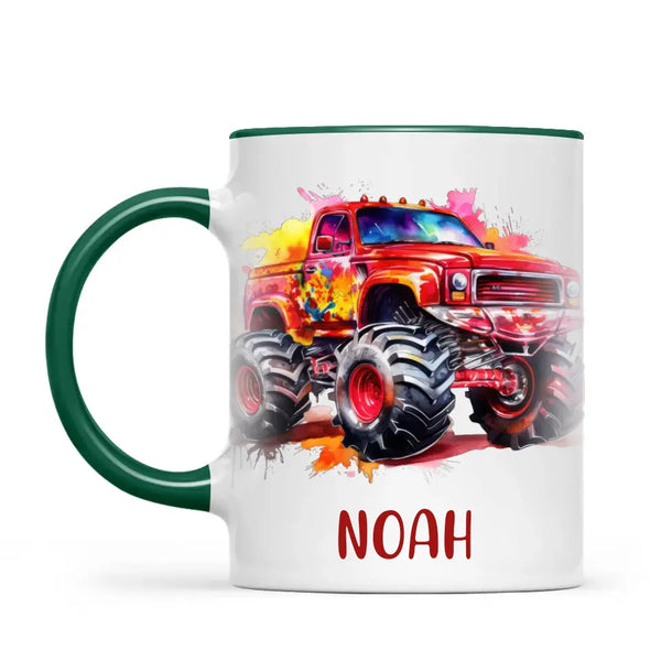 Personalised Red Monster Truck Cup - Custom Name Kids Mug - Off-Road Adventure - 11oz, 6oz or Enamel - NZ Made