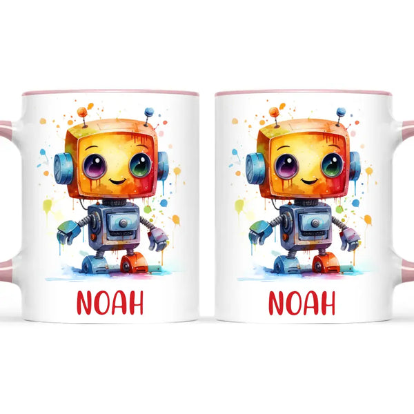 Personalised with Name, Colourful Robot Kids Mug – Customised Robot Character Cup for Children – Available in 11oz, 6oz & Enamel Options