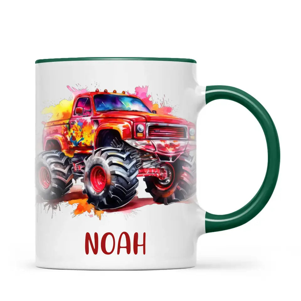 Personalised Red Monster Truck Cup - Custom Name Kids Mug - Off-Road Adventure - 11oz, 6oz or Enamel - NZ Made