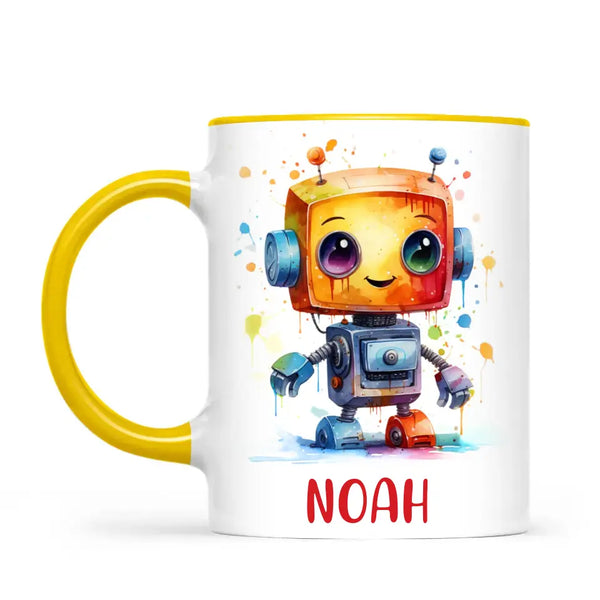 Personalised with Name, Colourful Robot Kids Mug – Customised Robot Character Cup for Children – Available in 11oz, 6oz & Enamel Options