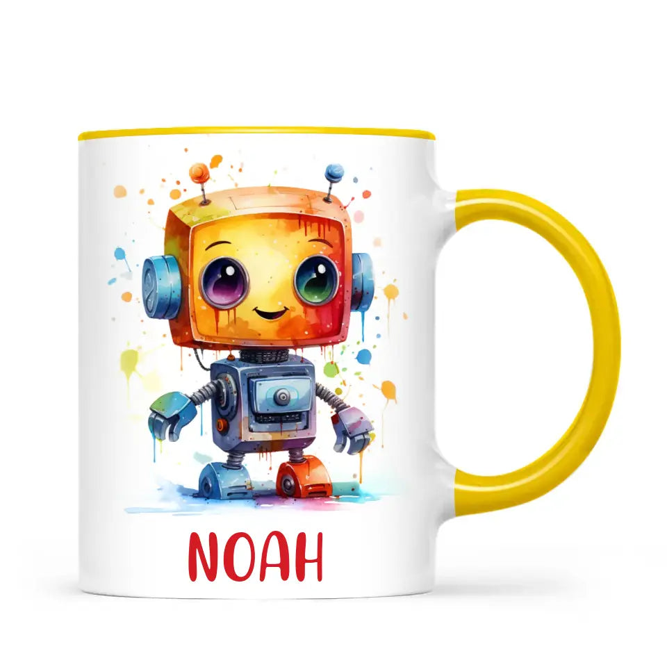 Personalised with Name, Colourful Robot Kids Mug – Customised Robot Character Cup for Children – Available in 11oz, 6oz & Enamel Options