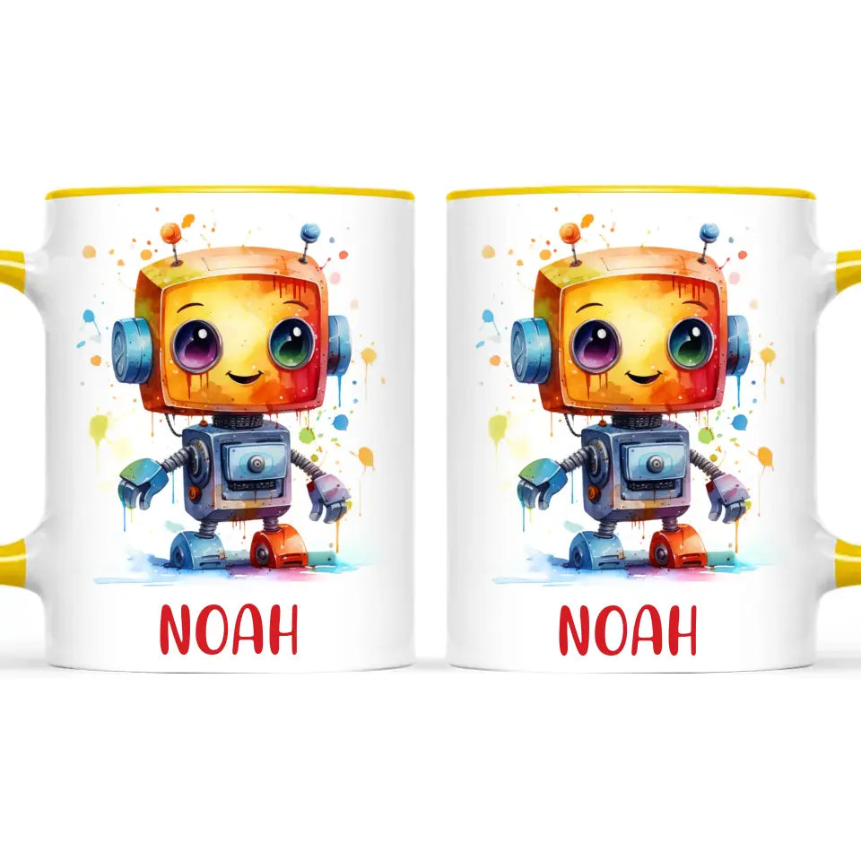 Personalised with Name, Colourful Robot Kids Mug – Customised Robot Character Cup for Children – Available in 11oz, 6oz & Enamel Options