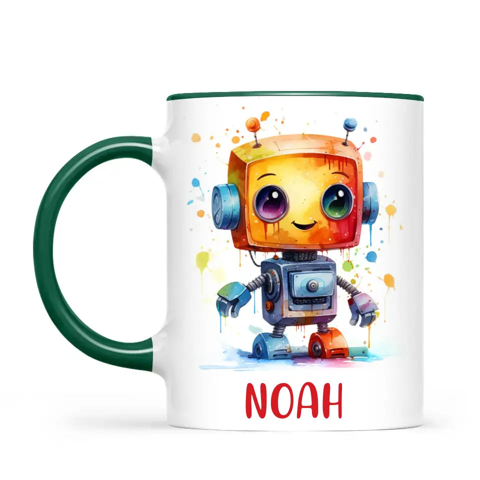 Personalised with Name, Colourful Robot Kids Mug – Customised Robot Character Cup for Children – Available in 11oz, 6oz & Enamel Options