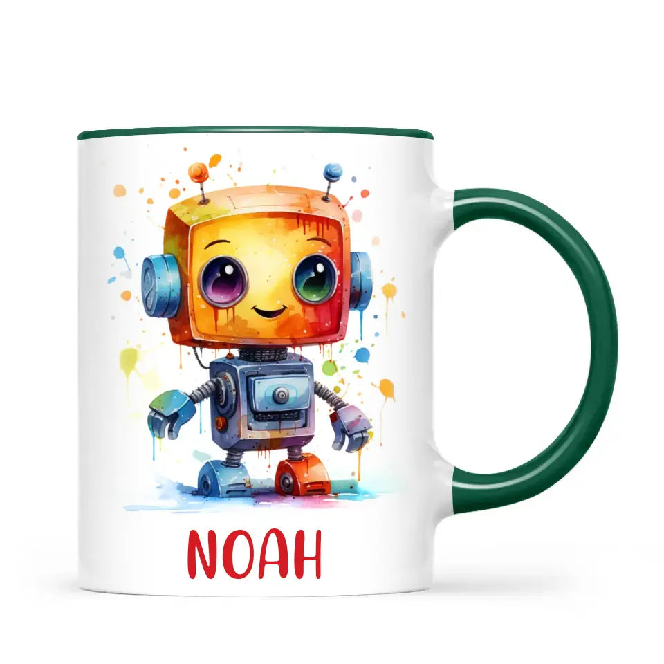 Personalised with Name, Colourful Robot Kids Mug – Customised Robot Character Cup for Children – Available in 11oz, 6oz & Enamel Options