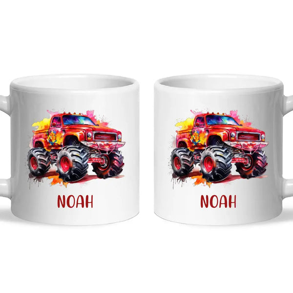 Personalised Red Monster Truck Cup - Custom Name Kids Mug - Off-Road Adventure - 11oz, 6oz or Enamel - NZ Made