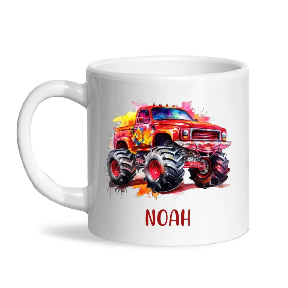 Personalised Red Monster Truck Cup - Custom Name Kids Mug - Off-Road Adventure - 11oz, 6oz or Enamel - NZ Made