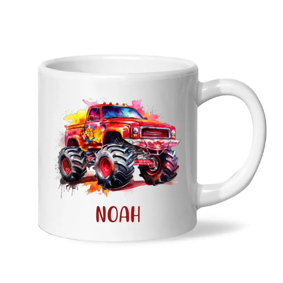 Personalised Red Monster Truck Cup - Custom Name Kids Mug - Off-Road Adventure - 11oz, 6oz or Enamel - NZ Made