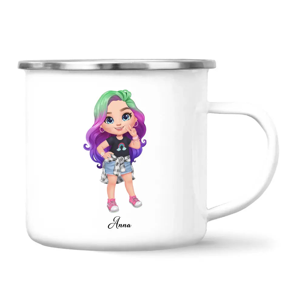 Personalised with Name, Create Your Own Girl Character Kids Mug – Customised Design with Hair, Outfit & Name – Available in 11oz, 6oz & Enamel Options