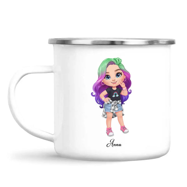 Personalised with Name, Create Your Own Girl Character Kids Mug – Customised Design with Hair, Outfit & Name – Available in 11oz, 6oz & Enamel Options