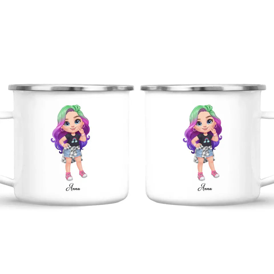 Personalised with Name, Create Your Own Girl Character Kids Mug – Customised Design with Hair, Outfit & Name – Available in 11oz, 6oz & Enamel Options