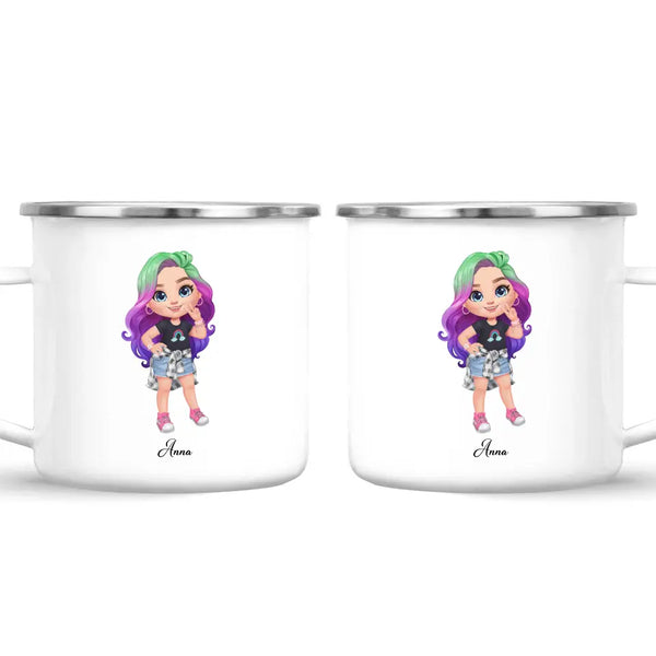 Personalised with Name, Create Your Own Girl Character Kids Mug – Customised Design with Hair, Outfit & Name – Available in 11oz, 6oz & Enamel Options