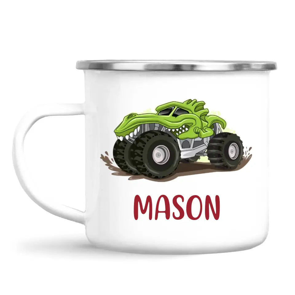 Personalised with Name, Green Dinosaur Monster Truck Kids Mug – Customised Dino-Themed Big Wheels Cup for Children – Available in 11oz, 6oz & Enamel Options