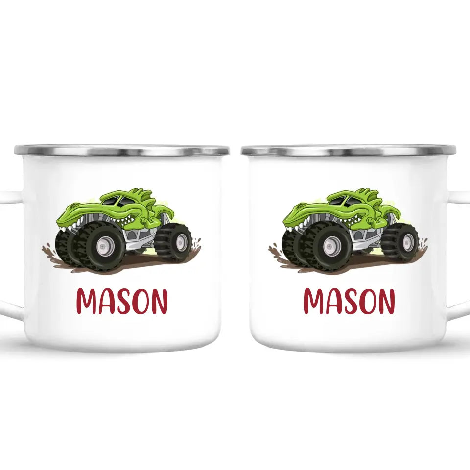 Personalised with Name, Green Dinosaur Monster Truck Kids Mug – Customised Dino-Themed Big Wheels Cup for Children – Available in 11oz, 6oz & Enamel Options