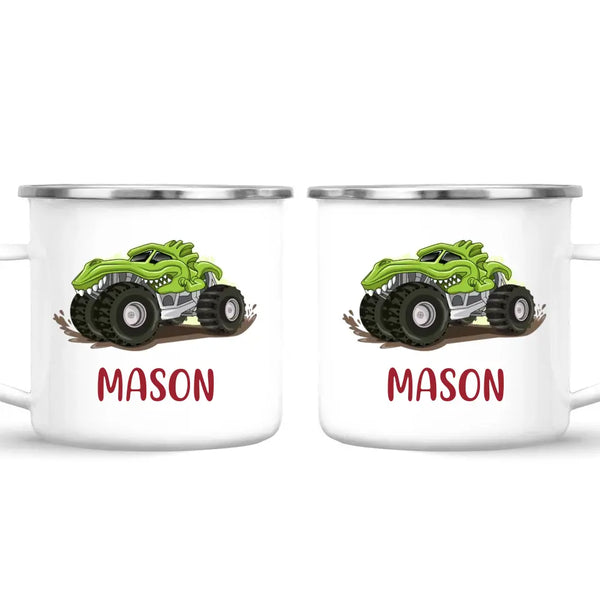 Personalised with Name, Green Dinosaur Monster Truck Kids Mug – Customised Dino-Themed Big Wheels Cup for Children – Available in 11oz, 6oz & Enamel Options