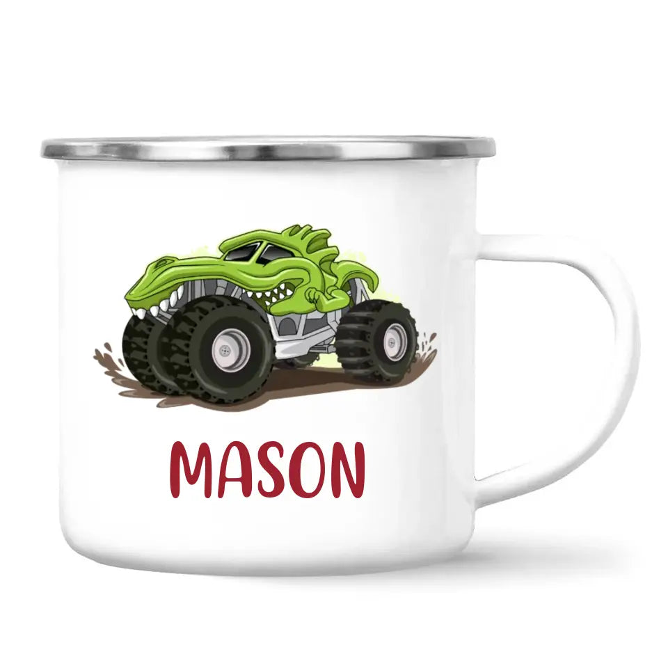 Personalised with Name, Green Dinosaur Monster Truck Kids Mug – Customised Dino-Themed Big Wheels Cup for Children – Available in 11oz, 6oz & Enamel Options