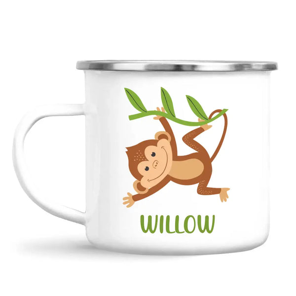 Personalised Swinging Monkey Kids Mug, white enamel camping mug, front view