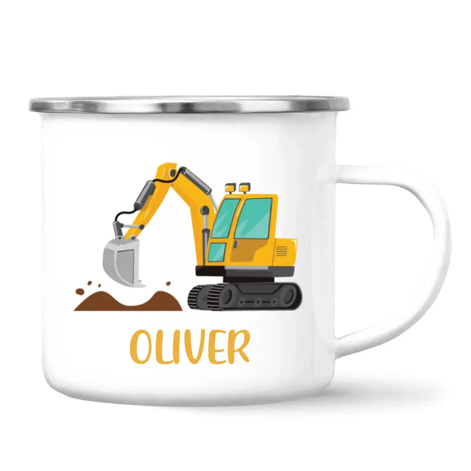 Personalised Digger Mug - Custom Name Kids Cup - Excavator Construction Theme - Ceramic or Enamel - 11oz, 6oz, or Camping Mug - NZ Made