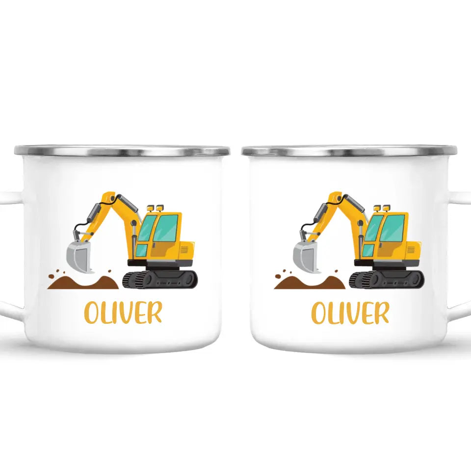 Personalised Digger Mug - Custom Name Kids Cup - Excavator Construction Theme - Ceramic or Enamel - 11oz, 6oz, or Camping Mug - NZ Made