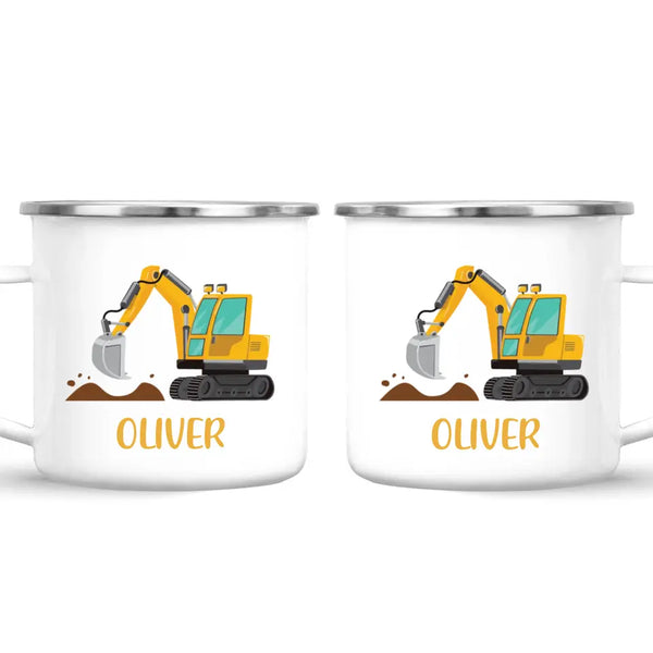 Personalised Digger Mug - Custom Name Kids Cup - Excavator Construction Theme - Ceramic or Enamel - 11oz, 6oz, or Camping Mug - NZ Made