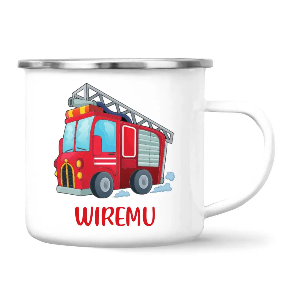 Personalised Fire Truck Mug - Custom Name Kids Cup - Fire Engine Theme - Ceramic or Enamel - 11oz, 6oz, or Camping Mug - NZ Made
