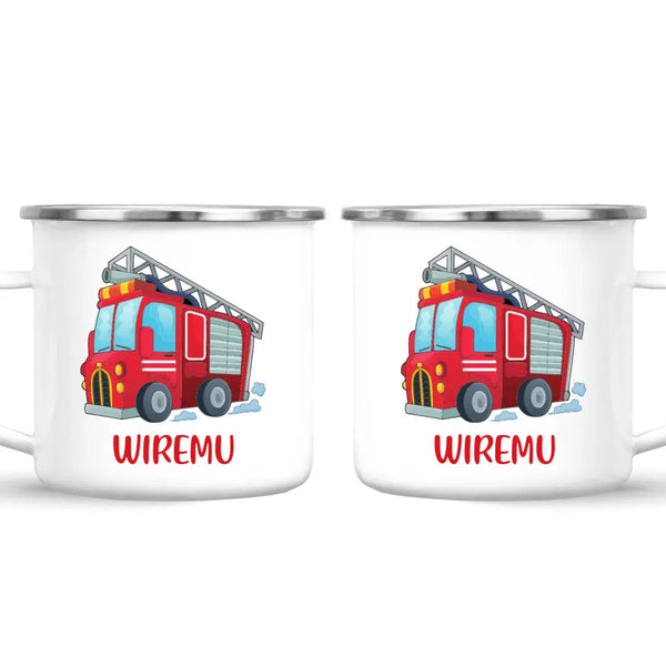 Personalised Fire Truck Mug - Custom Name Kids Cup - Fire Engine Theme - Ceramic or Enamel - 11oz, 6oz, or Camping Mug - NZ Made
