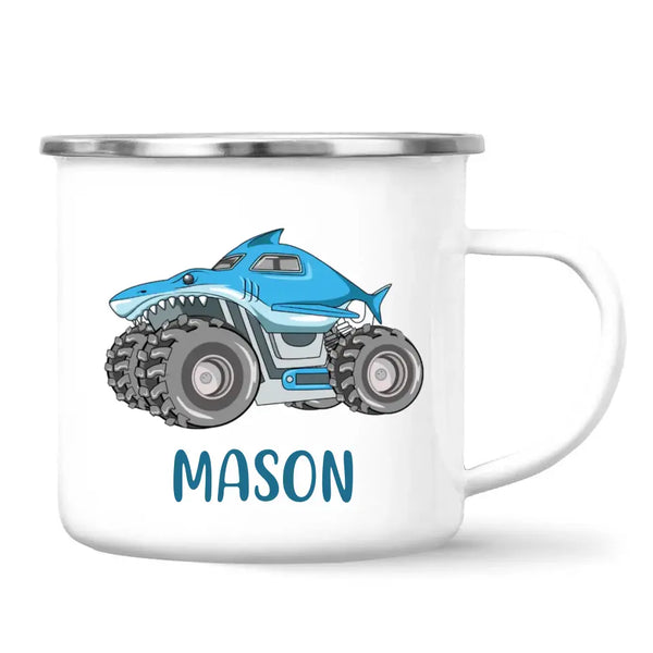 Personalised Shark Monster Truck Mug - Custom Name Kids Cup - 11oz or 6oz - Fun Blue Design - NZ Made