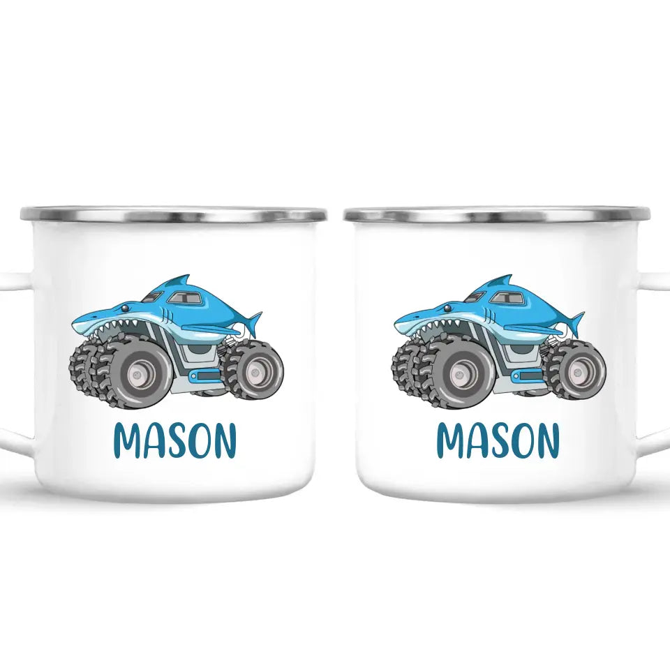 Personalised Shark Monster Truck Mug - Custom Name Kids Cup - 11oz or 6oz - Fun Blue Design - NZ Made