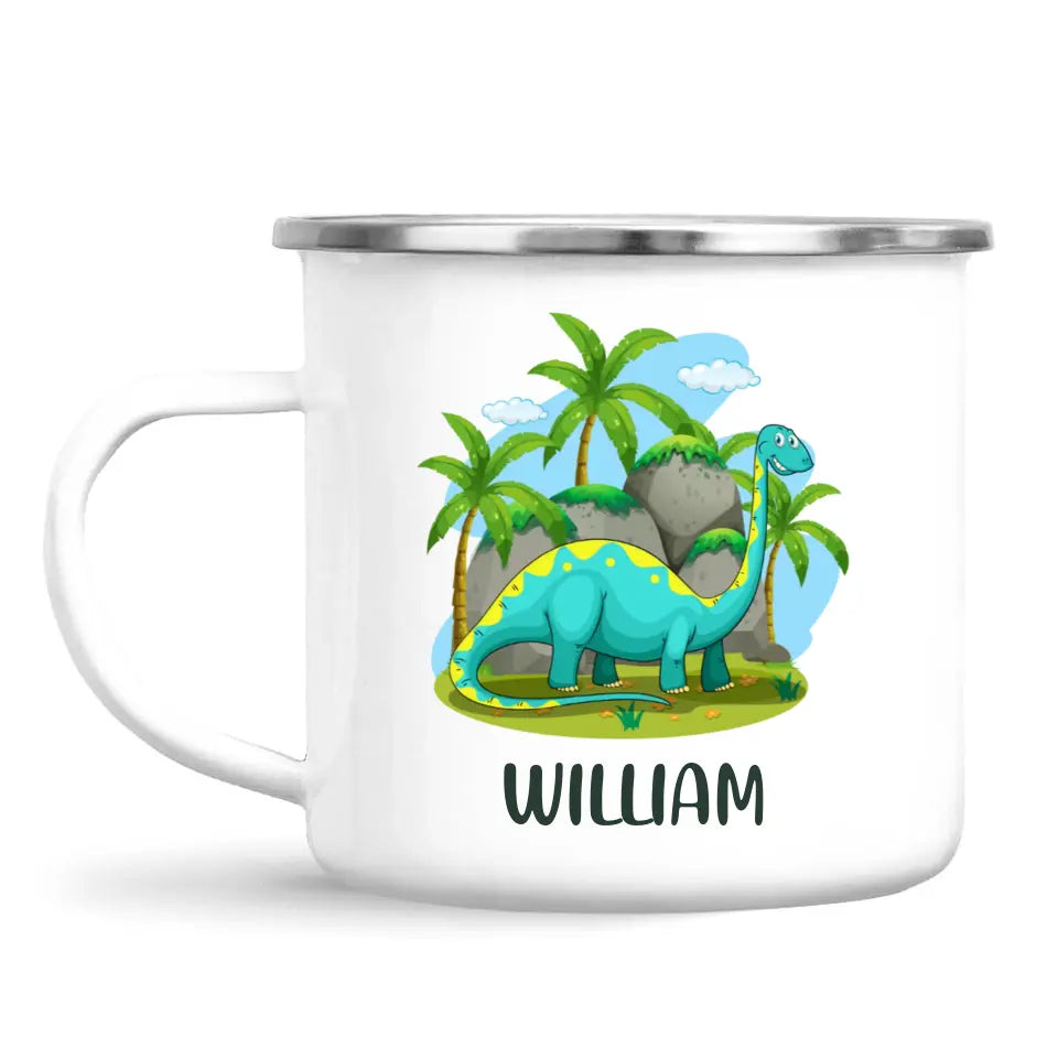 Personalised Dinosaur Mug - Custom Name Kids Cup - Brachiosaurus Jungle Theme - Ceramic or Enamel - 11oz, 6oz, or Camping Mug - NZ Made