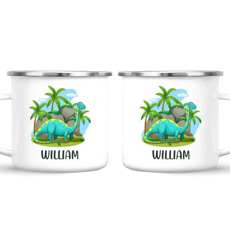 Personalised Dinosaur Mug - Custom Name Kids Cup - Brachiosaurus Jungle Theme - Ceramic or Enamel - 11oz, 6oz, or Camping Mug - NZ Made