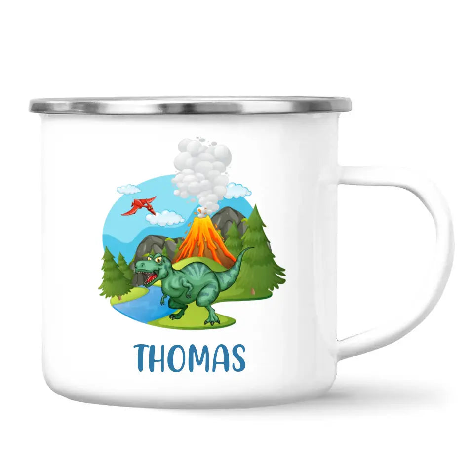 Personalised T-Rex Dinosaur Mug - Custom Name Kids Cup - Prehistoric Volcano Theme - Ceramic or Enamel - 11oz, 6oz, or Camping Mug - NZ Made