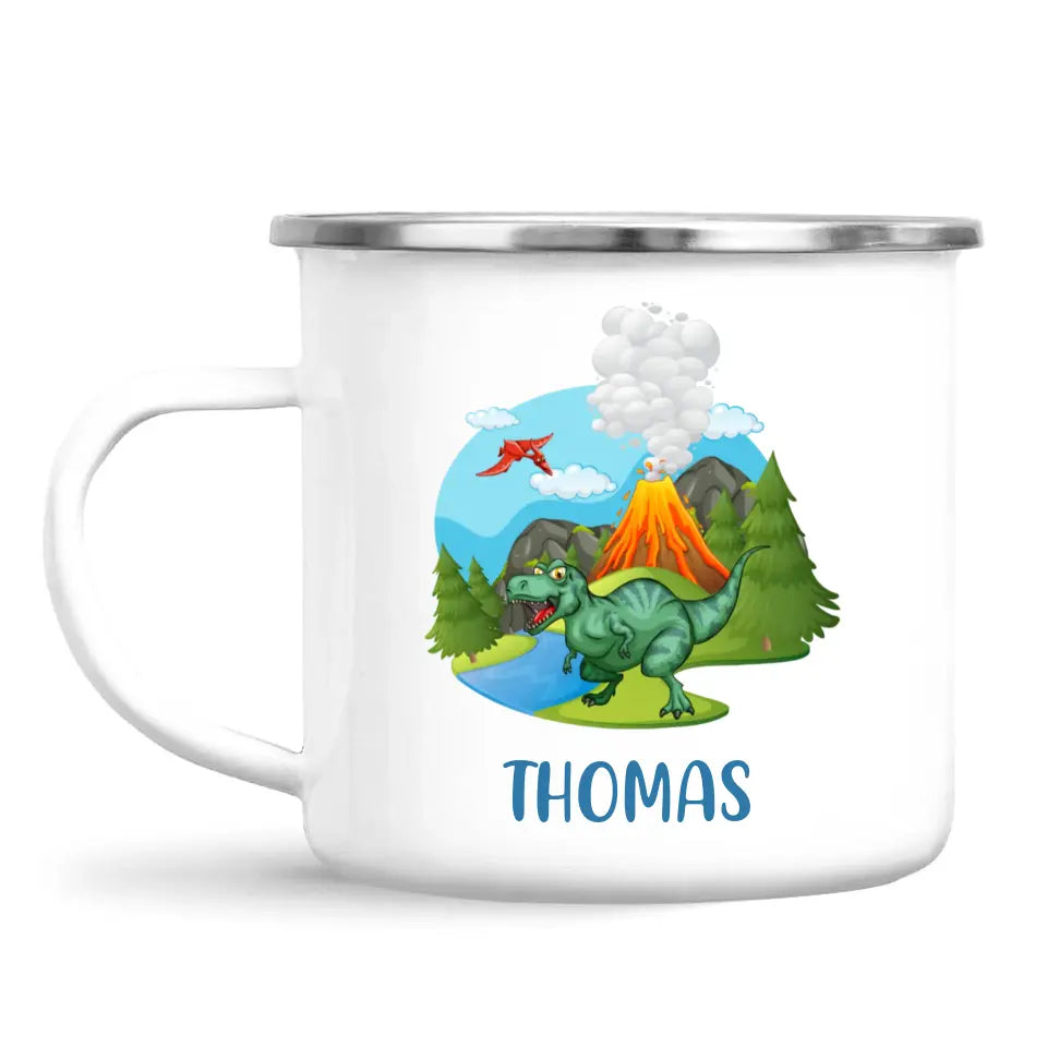 Personalised T-Rex Dinosaur Mug - Custom Name Kids Cup - Prehistoric Volcano Theme - Ceramic or Enamel - 11oz, 6oz, or Camping Mug - NZ Made