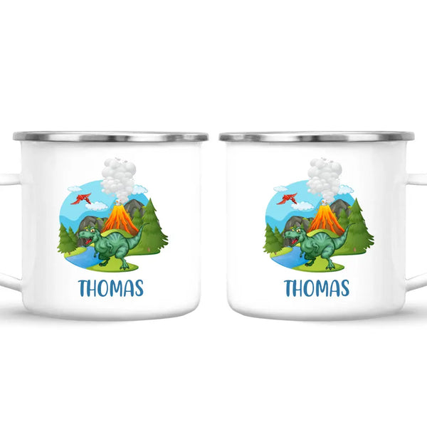 Personalised T-Rex Dinosaur Mug - Custom Name Kids Cup - Prehistoric Volcano Theme - Ceramic or Enamel - 11oz, 6oz, or Camping Mug - NZ Made