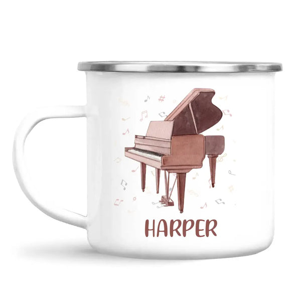 Personalised Piano Mug - Custom Name Kids Cup - Music Lover Gift - Grand Piano Theme - Ceramic or Enamel - 11oz, 6oz, or Camping Mug - NZ Made