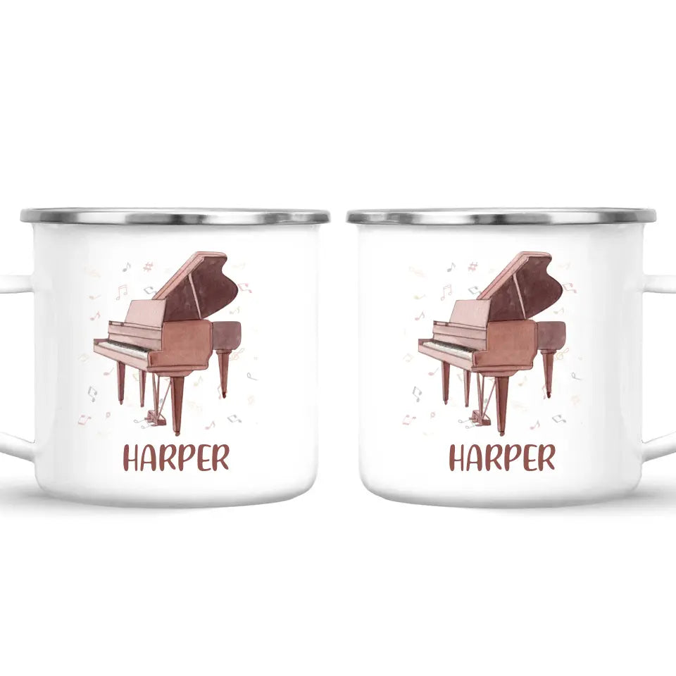 Personalised Piano Mug - Custom Name Kids Cup - Music Lover Gift - Grand Piano Theme - Ceramic or Enamel - 11oz, 6oz, or Camping Mug - NZ Made