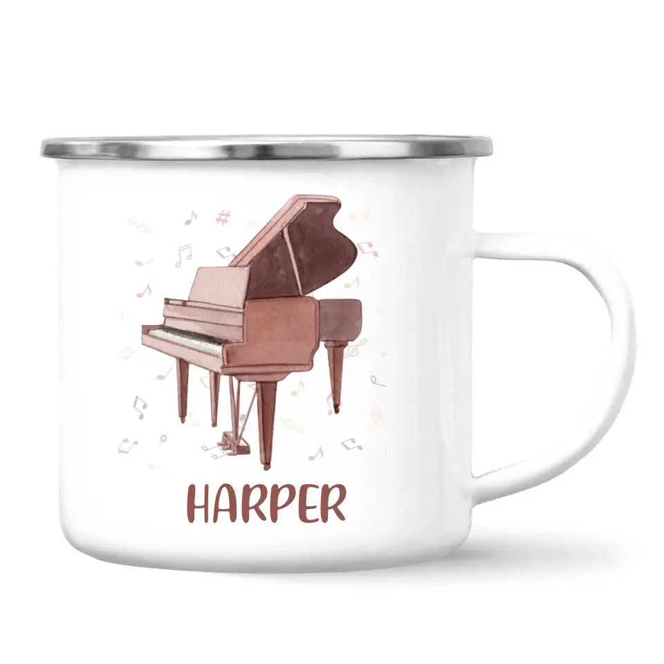 Personalised Piano Mug - Custom Name Kids Cup - Music Lover Gift - Grand Piano Theme - Ceramic or Enamel - 11oz, 6oz, or Camping Mug - NZ Made