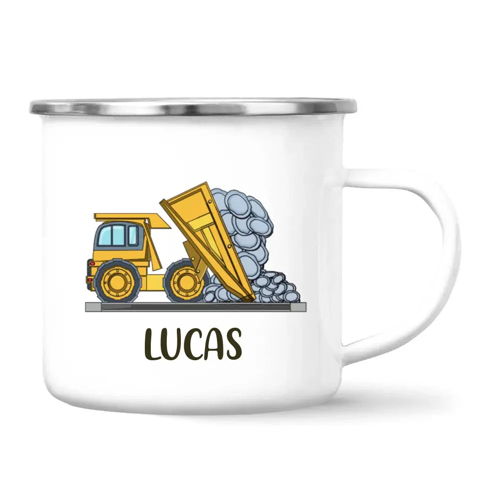 Personalised Dump Truck Mug - Custom Name Kids Cup - Construction Vehicle Theme - Ceramic or Enamel - 11oz, 6oz, or Camping Mug - NZ Made