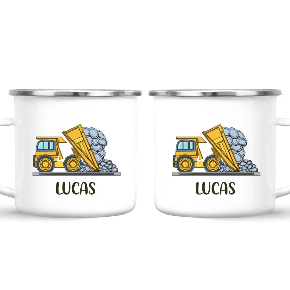 Personalised Dump Truck Mug - Custom Name Kids Cup - Construction Vehicle Theme - Ceramic or Enamel - 11oz, 6oz, or Camping Mug - NZ Made