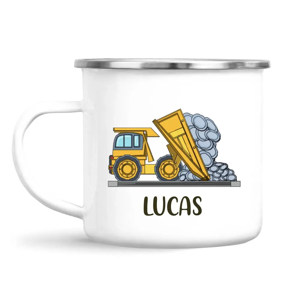 Personalised Dump Truck Mug - Custom Name Kids Cup - Construction Vehicle Theme - Ceramic or Enamel - 11oz, 6oz, or Camping Mug - NZ Made