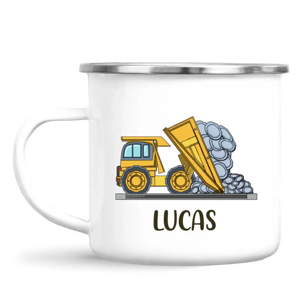 Personalised Dump Truck Mug - Custom Name Kids Cup - Construction Vehicle Theme - Ceramic or Enamel - 11oz, 6oz, or Camping Mug - NZ Made