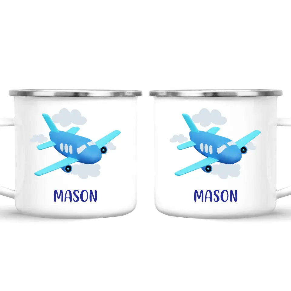 Personalised Aeroplane Mug - Custom Name Kids Cup - Blue Airplane Theme - Ceramic or Enamel - 11oz, 6oz, or Camping Mug - NZ Made