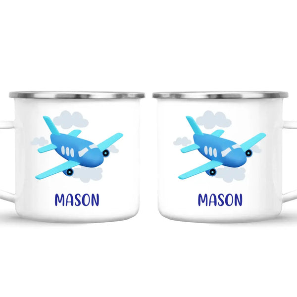 Personalised Aeroplane Mug - Custom Name Kids Cup - Blue Airplane Theme - Ceramic or Enamel - 11oz, 6oz, or Camping Mug - NZ Made