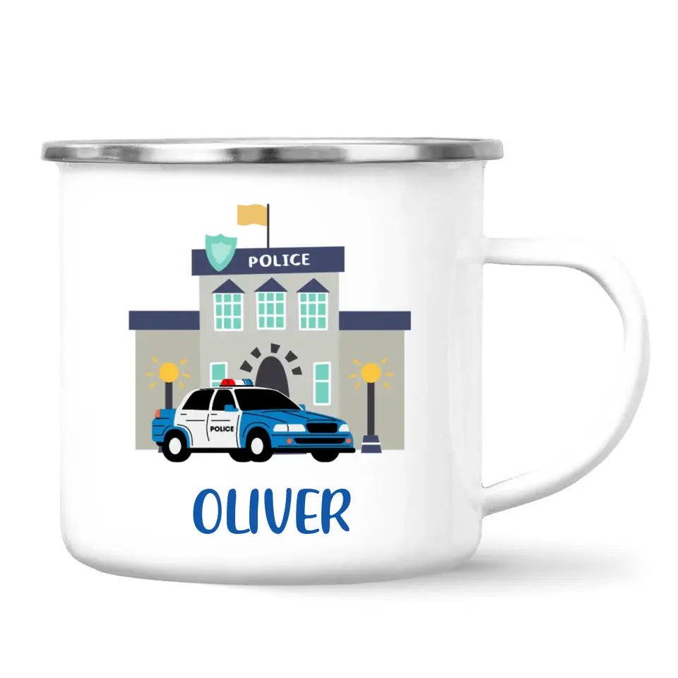Personalised Police Car Mug - Custom Name Kids Cup - Law Enforcement Theme - Ceramic or Enamel - 11oz, 6oz, or Camping Mug - NZ Made