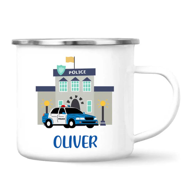 Personalised Police Car Mug - Custom Name Kids Cup - Law Enforcement Theme - Ceramic or Enamel - 11oz, 6oz, or Camping Mug - NZ Made