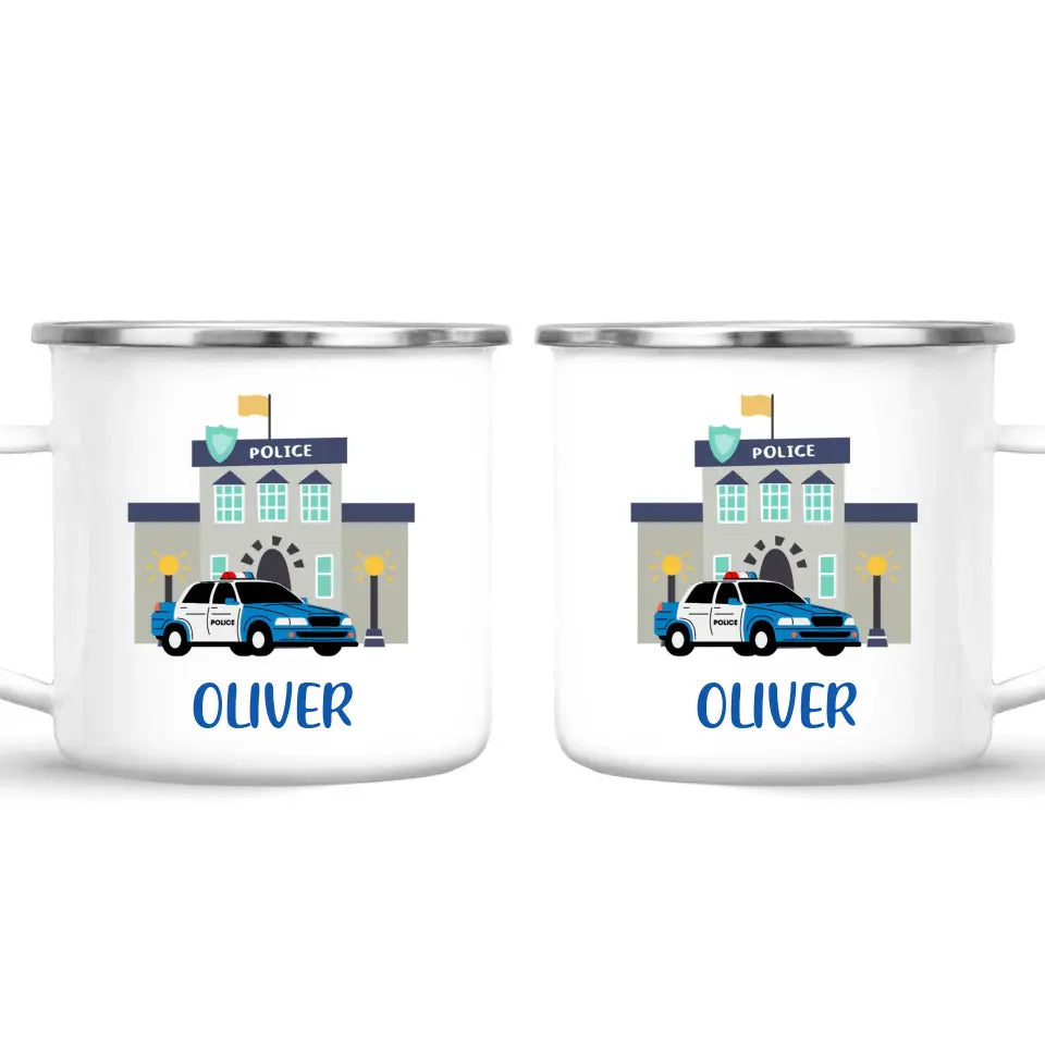Personalised Police Car Mug - Custom Name Kids Cup - Law Enforcement Theme - Ceramic or Enamel - 11oz, 6oz, or Camping Mug - NZ Made